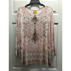 Ruby Rd. Women's Size Large Pink Boho Medallion Tassel 3/4 Sleeves Soft Top